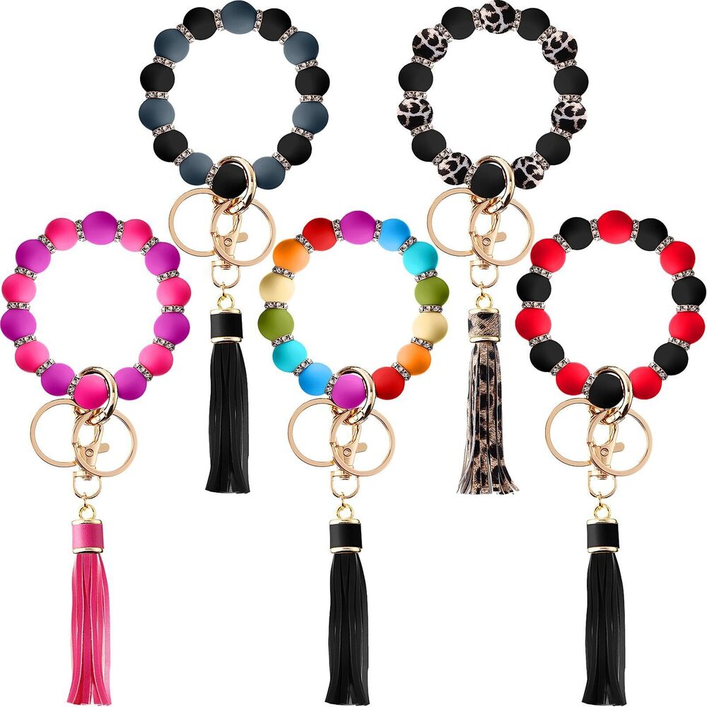 9196 5 Pieces Silicone Key Ring Bracelet , 5 Styles Elastic Beaded Wristlet